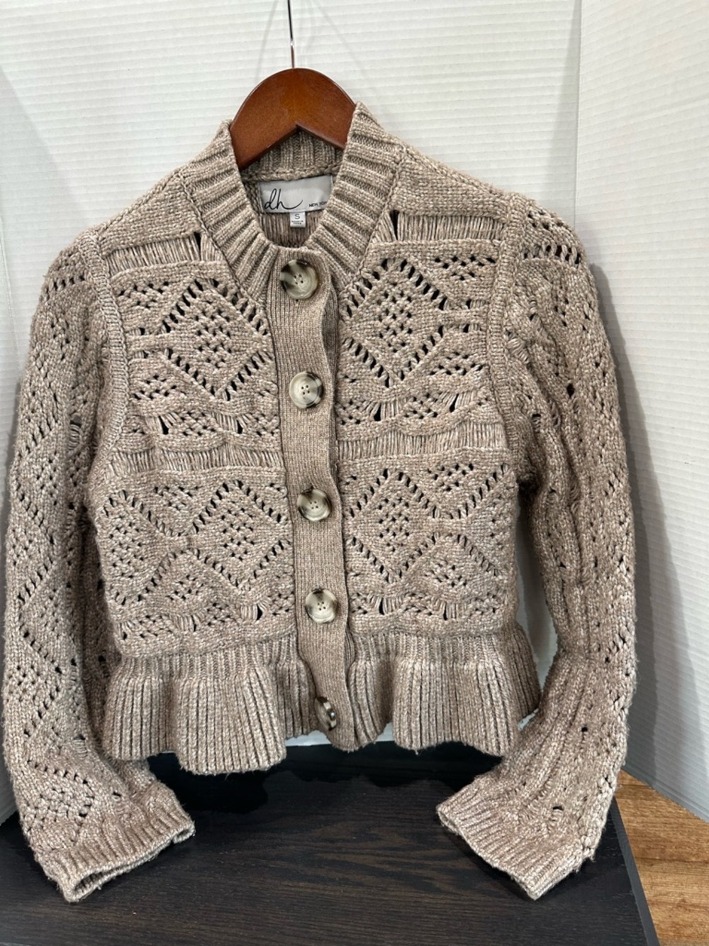 Open-Knit Ruffle Hem Cardigan Sweater - Taupe  dh New York